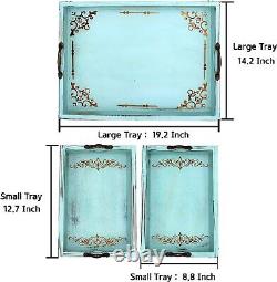 Serving Tray with Handles 3 PCS Vintage Style Aqua Blue Ottoman Decorative Set