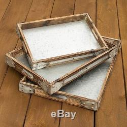 Serving Trays, Rectangle Wood & Metal, 15.25 to 21.25 in, Set of 3