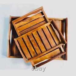 Serving Trays Set Of 3 Wooden Sheesham Polished Handmade Home Coffee Table Gift