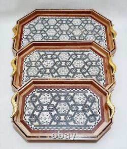 Serving tray set of 3 handmade wood inlaid mother of pearl