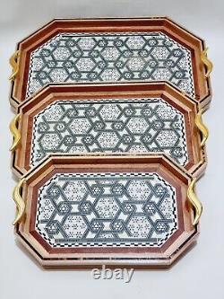 Serving tray set of 3 handmade wood inlaid mother of pearl