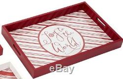 Set/3 Red Candy Cane Christmas Serving Trays with Handles Wood & Glass Food Safe