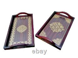Set Of 2 PC Wooden Beautiful Brass Inlay Work Serving Tray, Wood Breakfast Tray