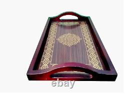 Set Of 2 PC Wooden Beautiful Brass Inlay Work Serving Tray, Wood Breakfast Tray