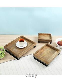 Set Of 3 Brown Mango Wood Serving Trays Bottom Metal Handle Impress your guests