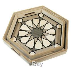 Set of 2 Hexagonal Wooden Inlay Eid & Ramadan Muslim Islamic Iftar Serving Trays