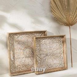 Set of 2 Wooden Large Decorative Trays for Home Decor Wood Serving Tray for
