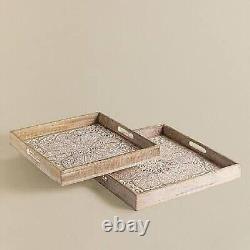 Set of 2 Wooden Large Decorative Trays for Home Decor Wood Serving Tray for