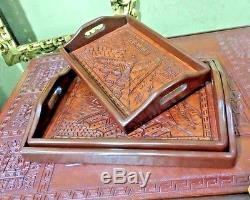 Set of 3 Hand Carved Cedar Wood Leather Serving Tray Peru