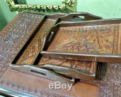 Set of 3 Hand Carved Cedar Wood Leather Serving Tray Peru