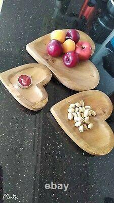 Set of 3 Solid Mango Wood Heart Fruit Bowl Natural Serving Tray Plate Home Décor