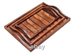 Set of 3 Wooden Serving Trays with Handles, Rustic Trays Stackable Platter