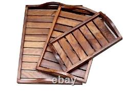 Set of 3 Wooden Serving Trays with Handles, Rustic Trays Stackable Platter