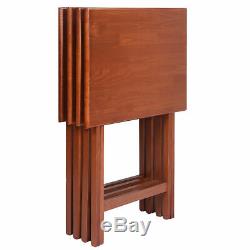 Set of 4 Portable Wood TV Table Folding Tray Desk Serving Furniture Walnut
