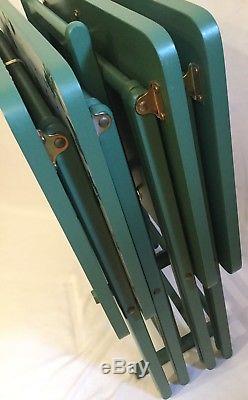 Set of 4 VTG Green Scheibe Waverly Ivy Wood Folding Rectangle TV Trays Stand