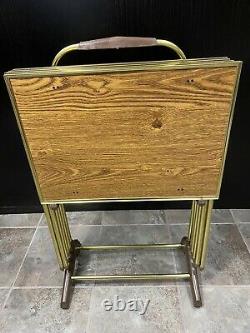 Set of 4 Vintage Folding Metal TV Snack Tray Tables On Stand Wood Grain Decor