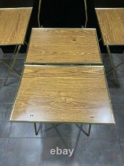 Set of 4 Vintage Folding Metal TV Snack Tray Tables On Stand Wood Grain Decor