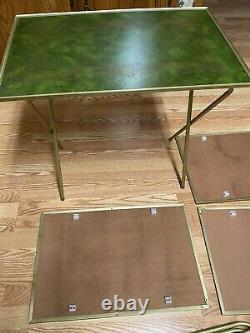Set of 4 Vintage MCM TV TRAYS withstands Faux wood Green & Gold Filigree LAVADA