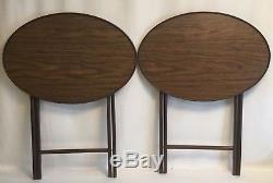Set of 4 Vintage Wood Grain Oval Metal & Plastic Folding TV Trays withStand EUC
