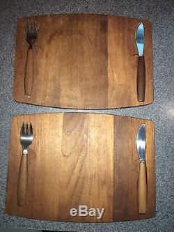 Set of Two Rostfrei Teak Wood Serving Trays with Fork and Knife Wood Handle