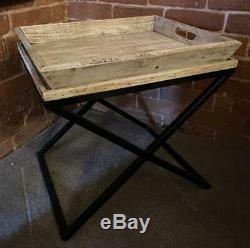 Side / End Table Black Iron Base Removable Serving Tray Mango Wood