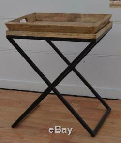 Side / End Table Black Iron Base Removable Serving Tray Mango Wood