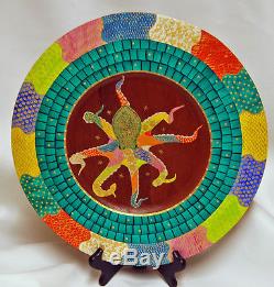 Signed BIBI LEON Handcrafted Round Wood Serving Tray Charger Plate Octopus Squid