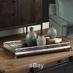 Silver Fretwork Brushed Nickel Decorative Tray Serving Bar Metal Wood