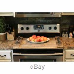 Stove Top Cover Wood Board Serving Tray Farmhouse Natural Rectangle Metal Handle