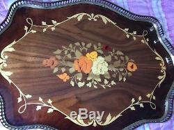 Stunning High Gloss Italian Wood Marquetry Brass Side Handle Serving Tray Italy