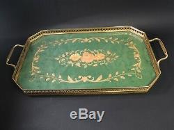 Stunning Vintage Sorrento Italian Inlaid Wood Marquetry Green Serving Tray
