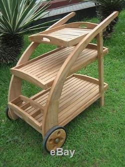 Teak Wood Trolley Cart With Serving Tray & Bottle Rack Patio Outdoor Furniture