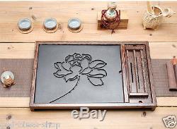 Tea tray black stone lotus carved tea table wenge solid wood drainage end table