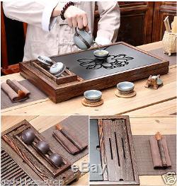 Tea tray black stone lotus carved tea table wenge solid wood drainage end table