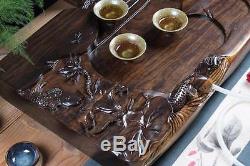 Tea tray ebony wood tea table solid wood tray fish lotus handmade carved trays