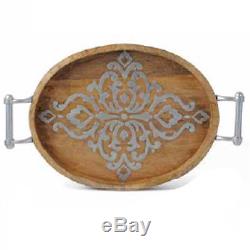 The GG Collection Gracious Goods Medium Heritage Wood and Metal Inlay Oval Tray