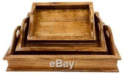 Trays Vintage Effect Wooden Laptray Lap Serving Tray Handles Set Of 3 Large Food