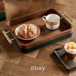 Tribesigns Solid Wood Serving Tray With Leather, Wooden Rectangular Decorative