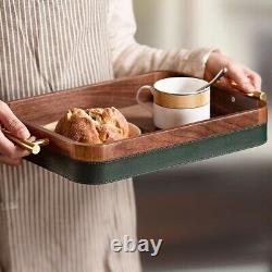 Tribesigns Solid Wood Serving Tray With Leather, Wooden Rectangular Decorative