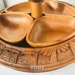 Two Tier Wooden Handcarved Folk Art Lazy Susan Serving Tray Made In Philippines
