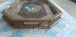 Unique mosaic tray, Eight shape with engraved wood and mother of pearl