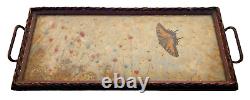 VINTAGE Bamboo Pressed Butterflies Wood / Glass Serving Tray & Lot of 3 Coasters