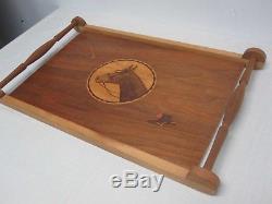VINTAGE WOOD SERVING TRAY with INLAY EQUESTRIAN HORSE HEAD 21 WIDE X 13 1/2