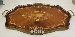 VTG Italy Burl Wood Marquetry Inlay Floral Serving Tray Brass Rim Handles 22.5'