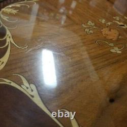 VTG Italy Burl Wood Marquetry Inlay Floral Serving Tray Brass Rim Handles 22.5'