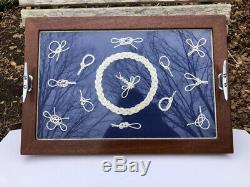 VTG Nautical white tied knots glass maple wood sailing Serving Tray 14 x 21 Nice