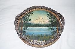 Vtg Wicker Serving Tray Basket Painting Wood Landscape Mountain Barchus School