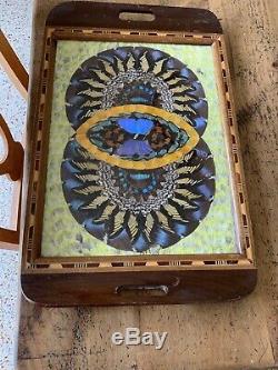 VTG deco Iridescent Butterfly Wing Serving Tray Wall Hanging Inlaid Wood Frame