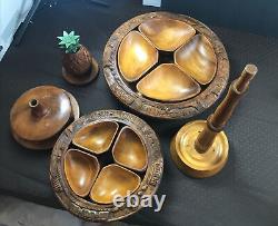 Vintage1960s 3 Tier TIKI COLORED Pineapple Hand Carved Lazy Susan Tidbit Tray