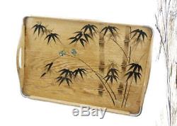 Vintage 1940s Asian Aesthetic Bamboo Wood Gold Bird Serving Tray Art Deco Decor